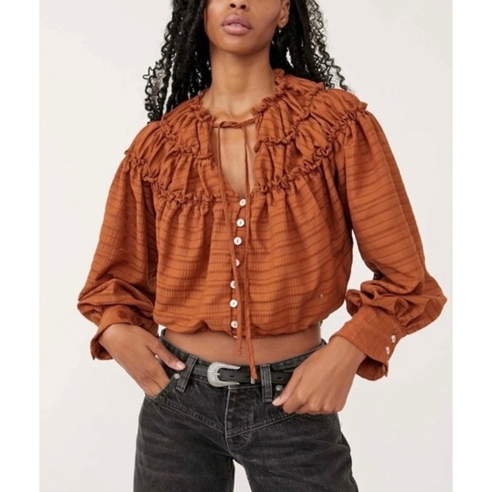 Free People Hailey Ruffle Peasant Blouse Burnt Orange Cropped S Autumn Fall Boho